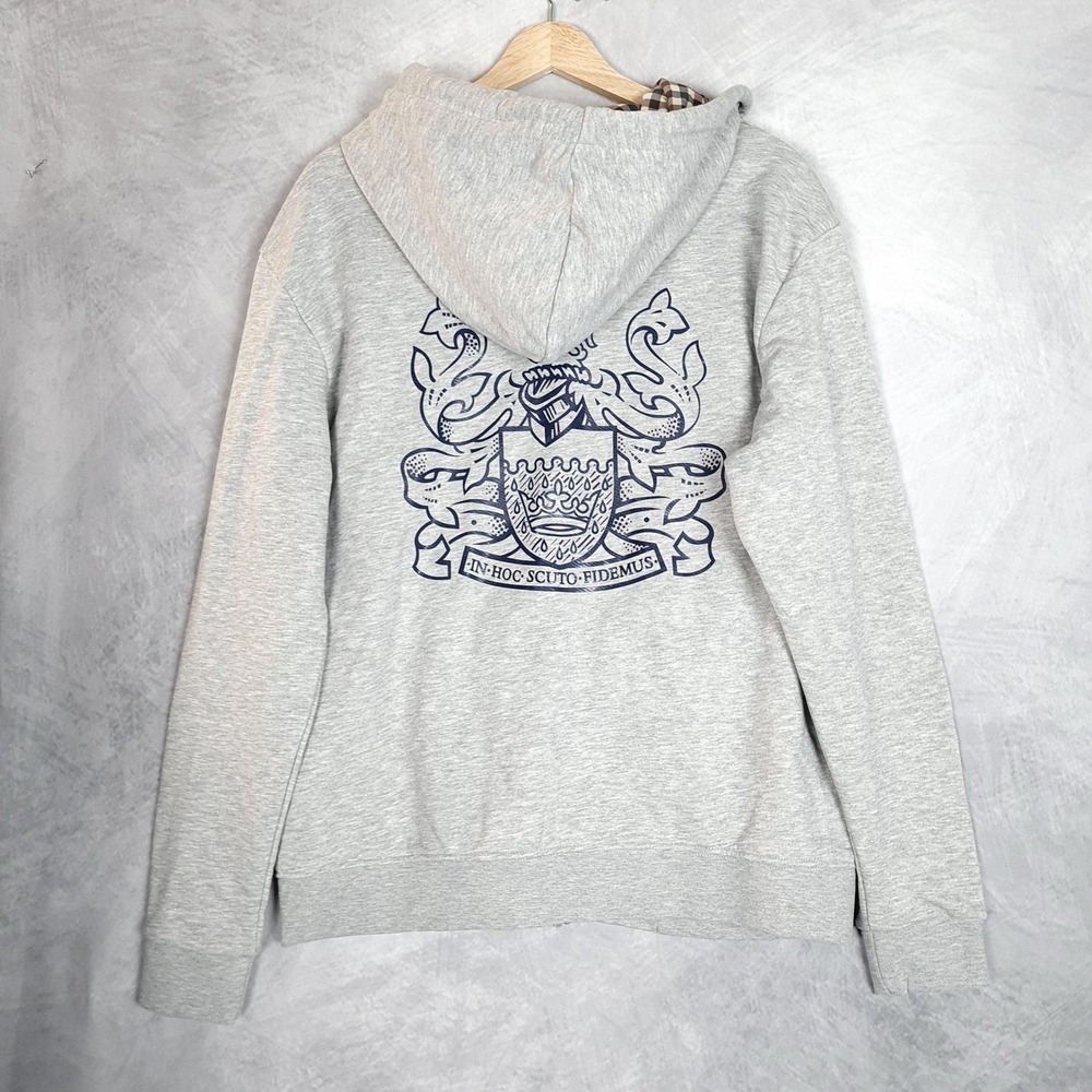 Aquascutum London Hoodie Mens Large Gray Full Zip Check Lined Crest Sweatshirt